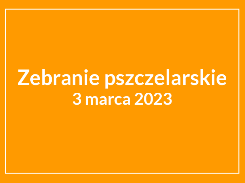 Biały napis na żółtym tle Zebranie pszczelarskie - 3 marca 2023